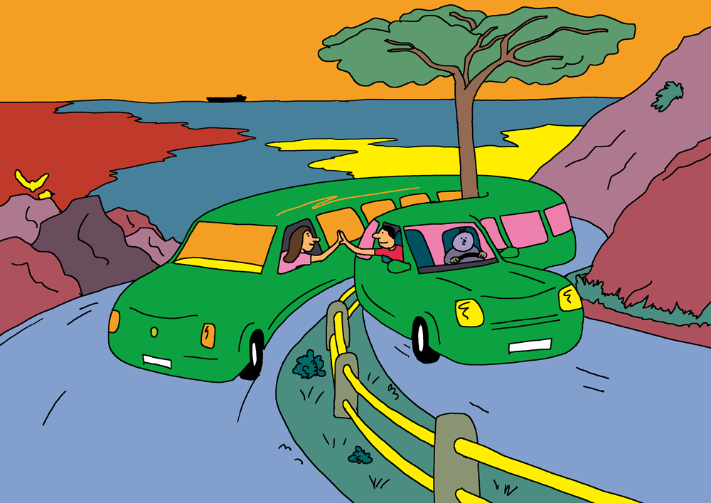 Une limousine très longue se courbe dans un virage en épingle, dans un paysage de méditerannée